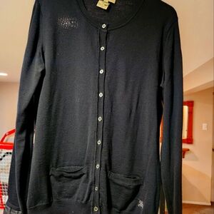 BLACK BURBERRY LIGHT SWEATER EXCEPT CONDITION. SILK AT BOTTOM OF SLEEVES